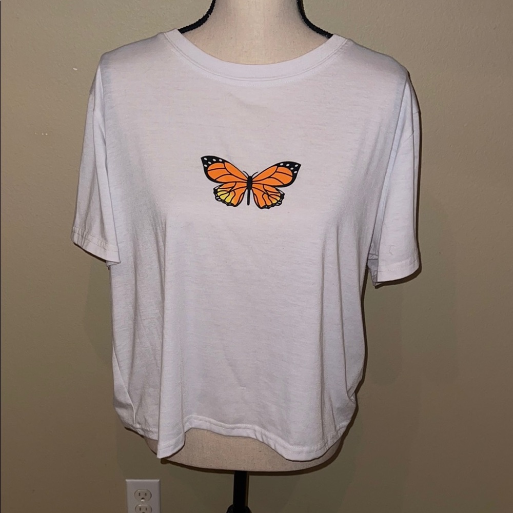 White T-Shirt with Orange Butterfly Design